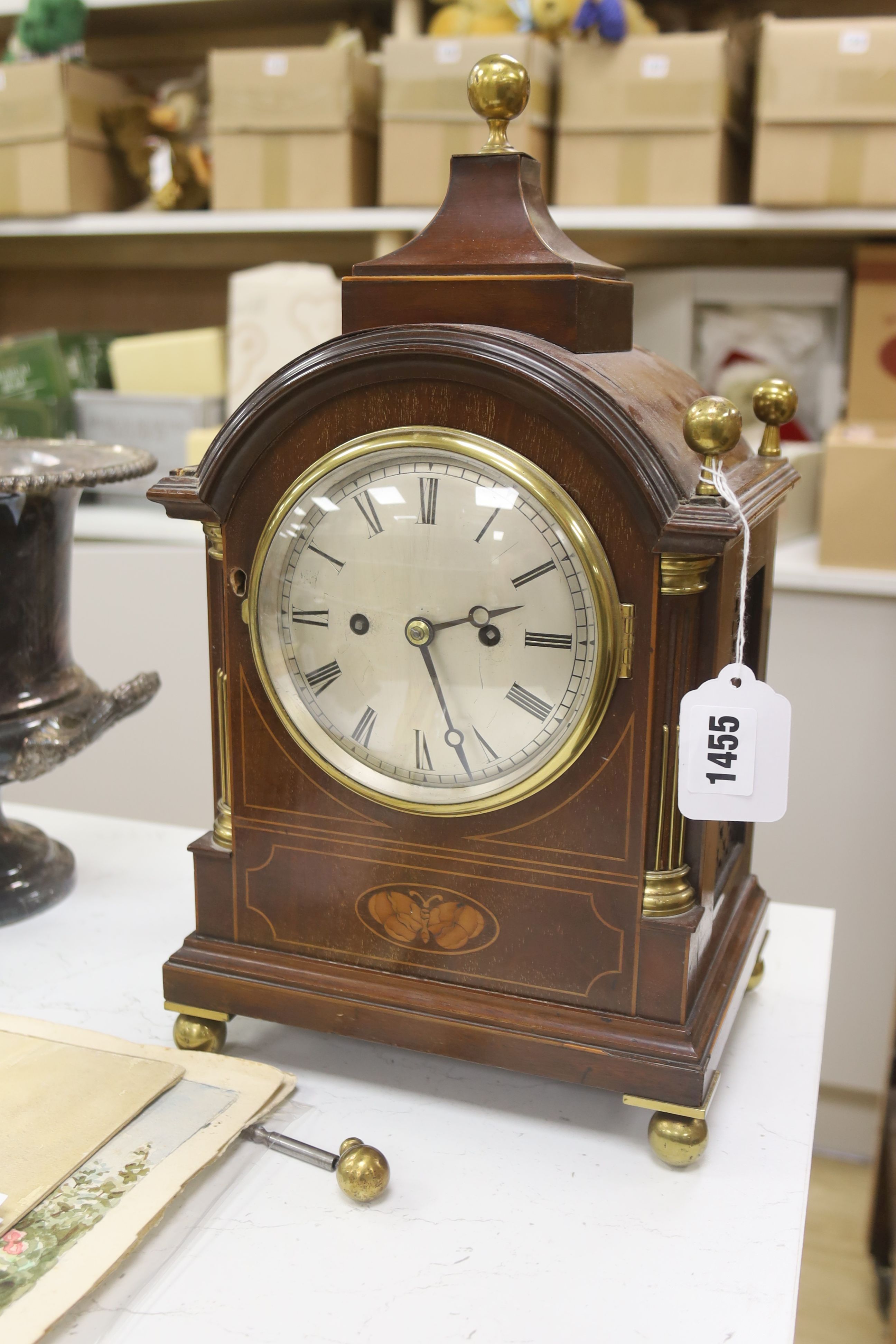 An inlaid mahogany twin fusee bracket clock, height 40cm